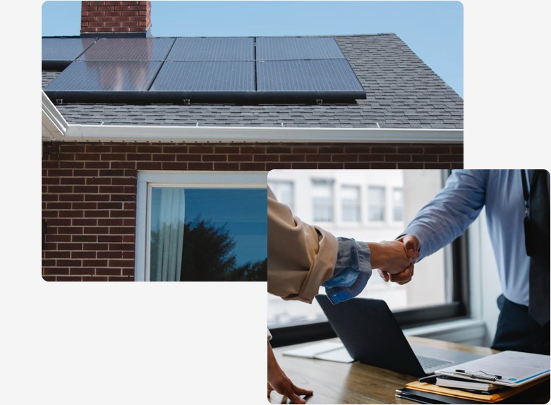 solar panels on roof and trusted handshake