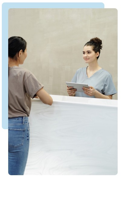 dentist office lobby and receptionist and patient